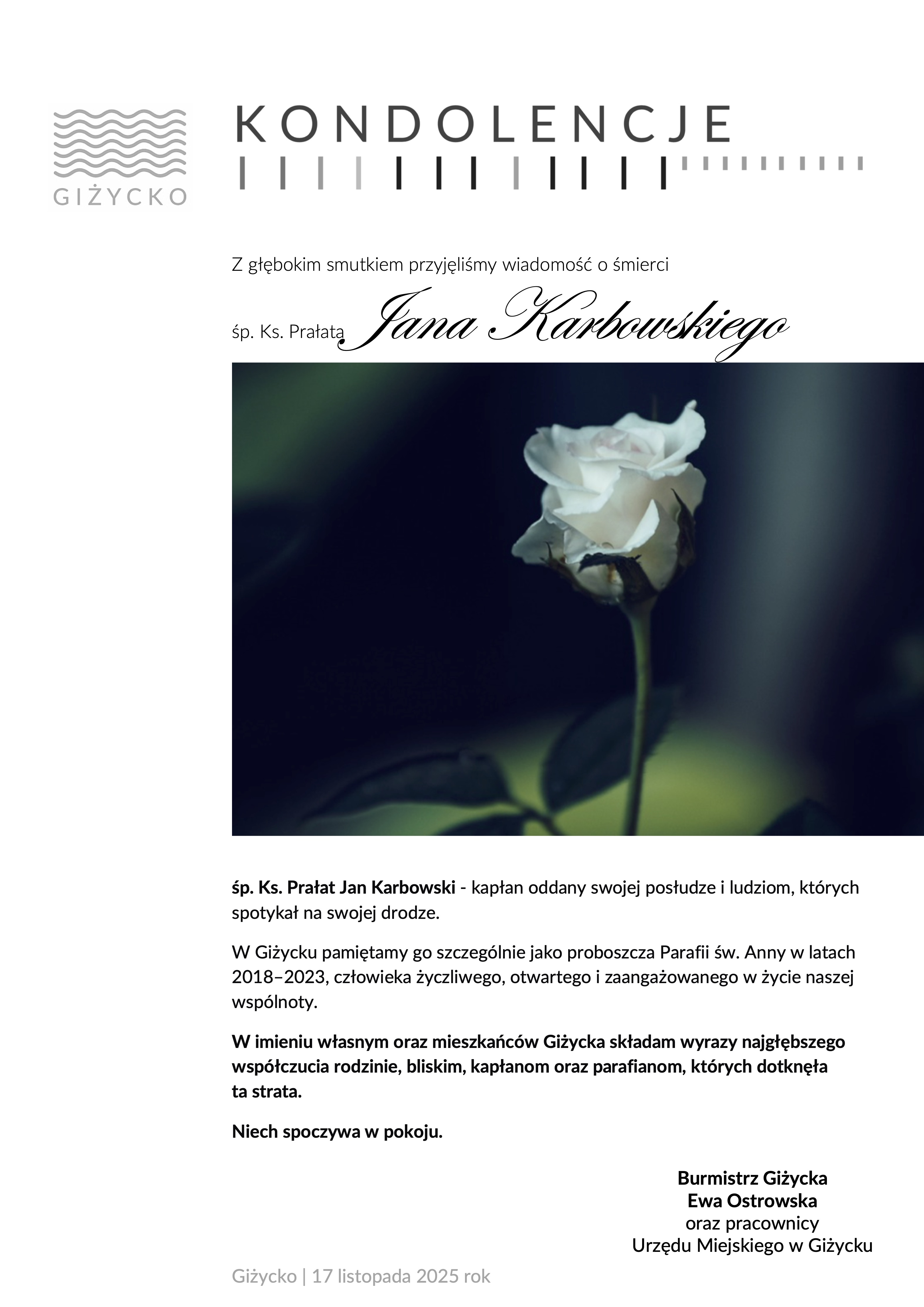 Kondolencje_ks. prałat Jan Karbowski