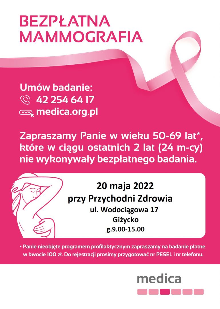 Plakat Mammografia z informacjami zawartymi w treści wpisu