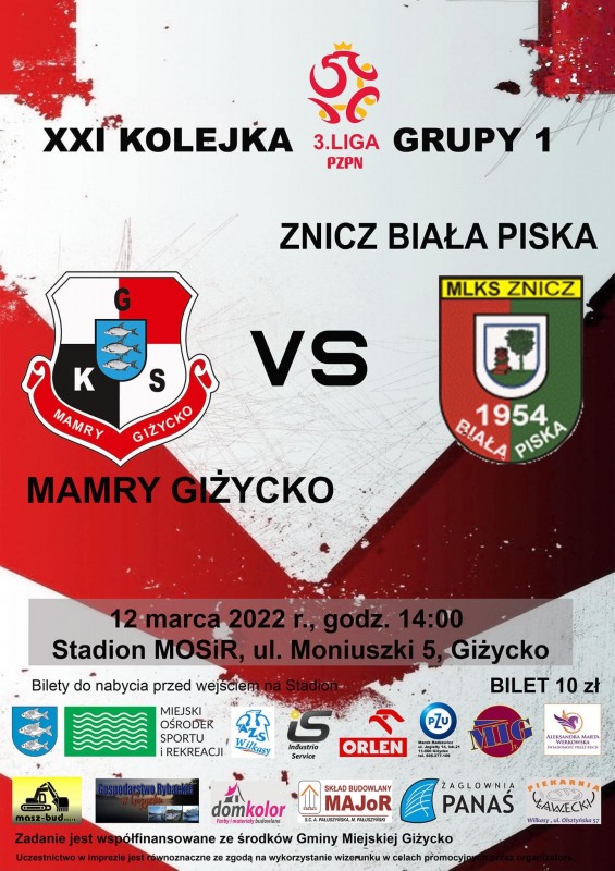 Mecz 3. Liga | Mamry Giżycko vs. Znicz Biała Piska 