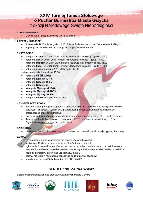  XXIV Turniej Tenisa Stołowego o Puchar Burmistrza Miasta Giżycka